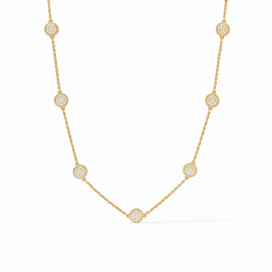 24K gold-plated necklace with evenly spaced circular cubic zirconia pendants. Available sizes: 16", 18".