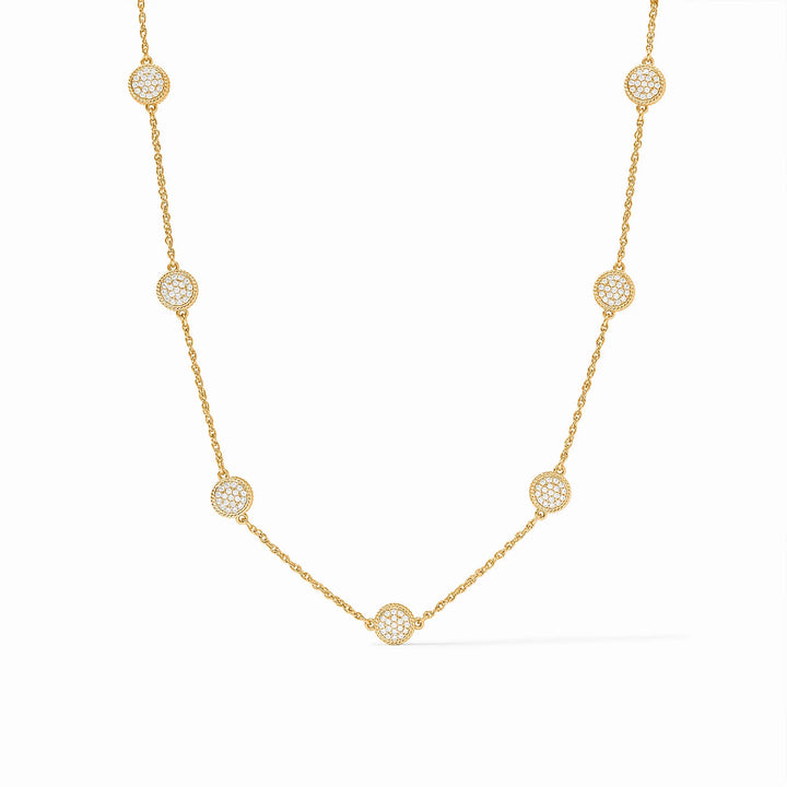 24K gold-plated necklace with evenly spaced circular cubic zirconia pendants. Available sizes: 16", 18".