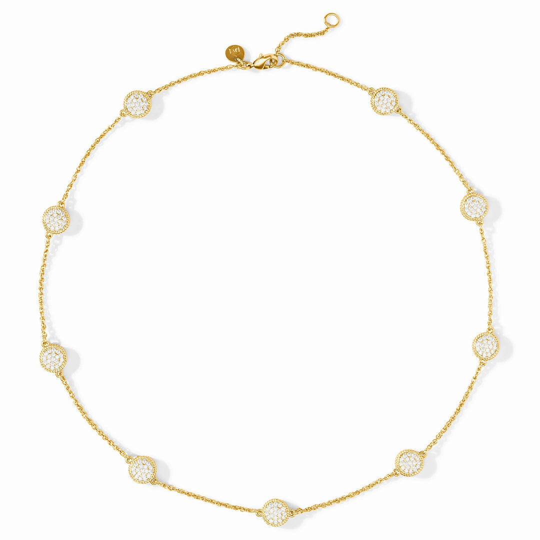 24K gold-plated necklace with circular pavé cubic zirconia pendants, adjustable clasp. Sizes available: 16-18".