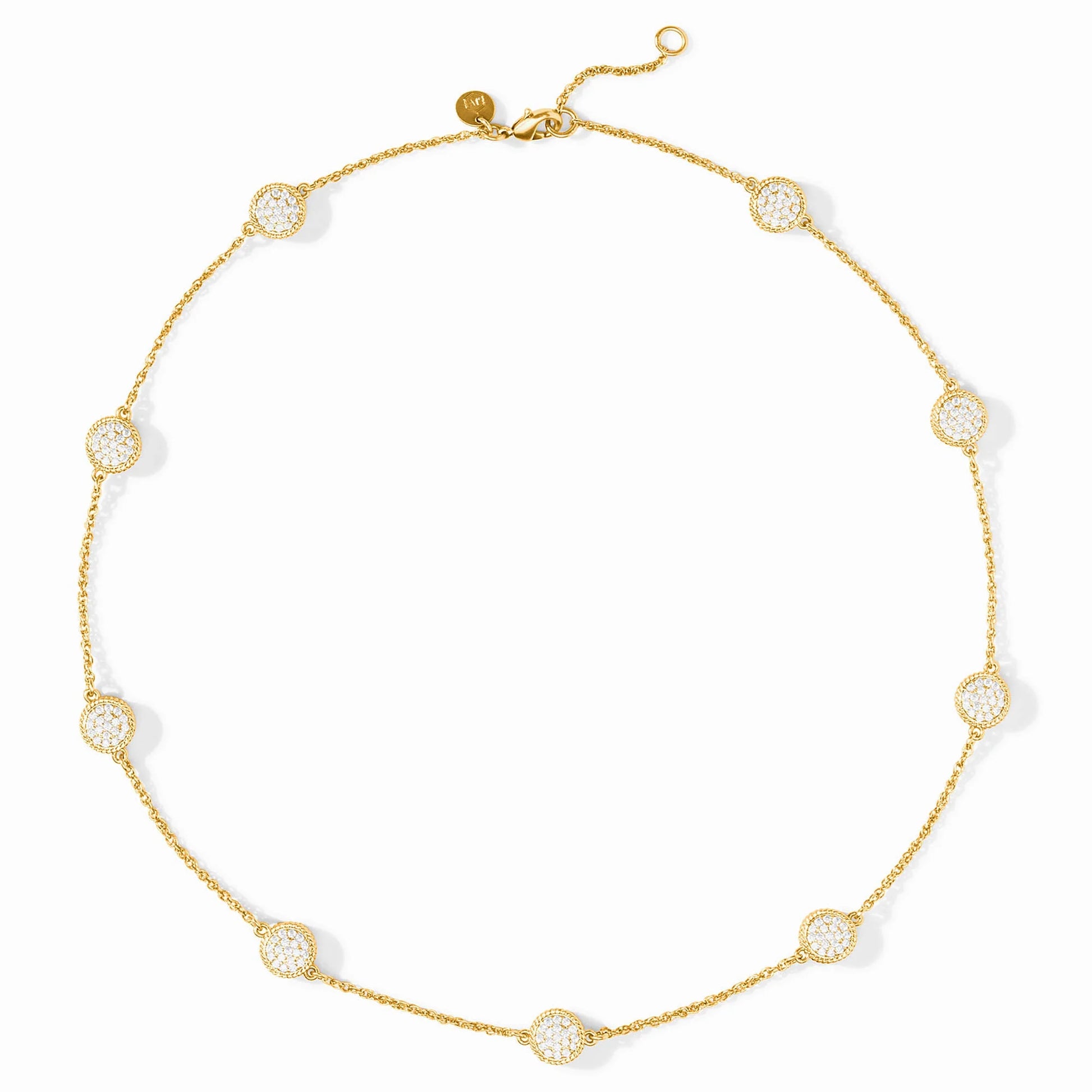 24K gold-plated necklace with circular pavé cubic zirconia pendants, adjustable clasp. Sizes available: 16-18".