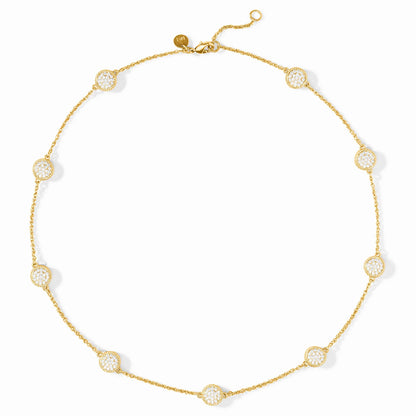 24K gold-plated necklace with circular pavé cubic zirconia pendants, adjustable clasp. Sizes available: 16-18".