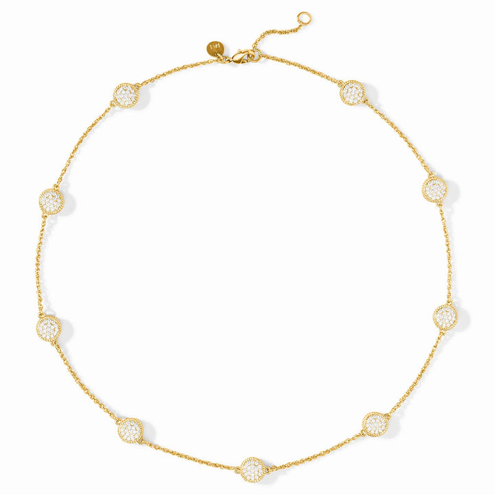 24K gold-plated necklace with circular pavé cubic zirconia pendants, adjustable clasp. Sizes available: 16-18".