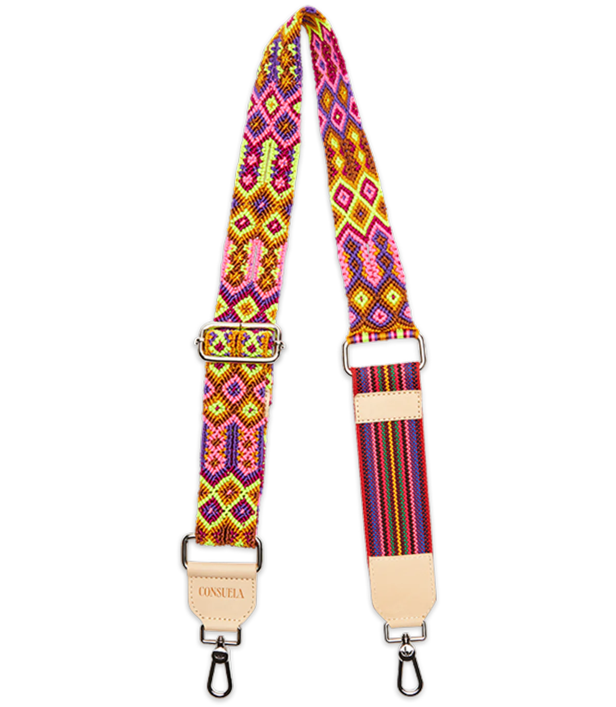 The Consuela Woven Crossbody Strap, Bubbles, features vibrant geometric patterns in pink, yellow, and orange. It has metal clips at each end and a beige leather patch with text. Adjustable length for customizable fit.