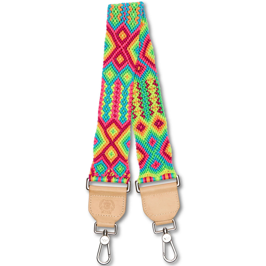 Mai Tai Wide Woven Shoulder Strap with geometric diamond pattern in red, yellow, green, and blue; tan leather ends; silver clips; adjustable length 35"-54".