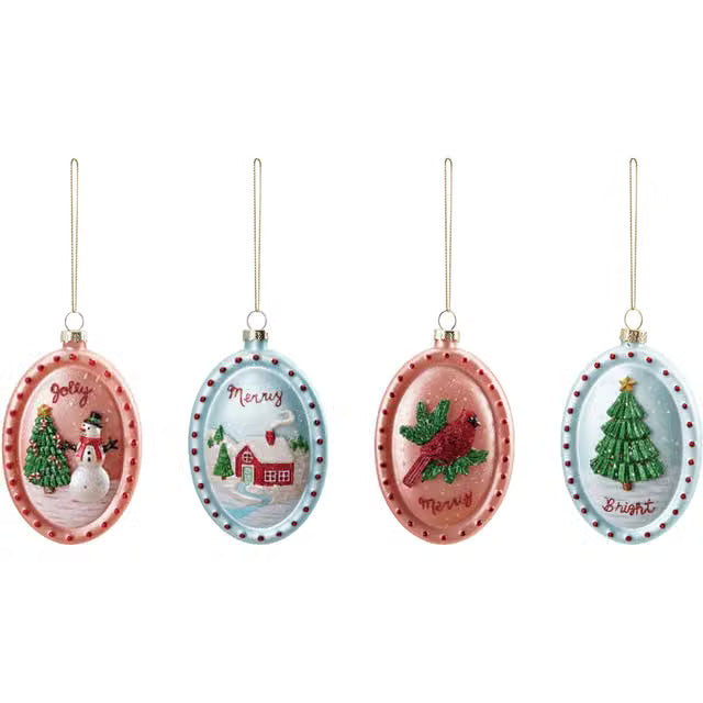 Four oval, hand-painted glass ornaments with embossed holiday scenes and the words “Jolly,” “Merry,” and “Bright” in 4 styles.