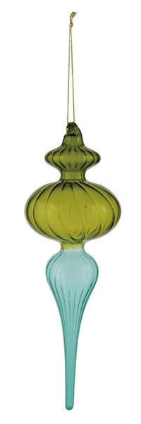 Olive green and light blue ribbed glass finial ornament with gold hanging string.