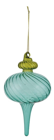 Two-Tone teal and olive green spiral ribbed glass finial ornament with a gold hanging loop.