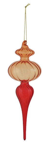 Red and orange ribbed glass finial ornament.