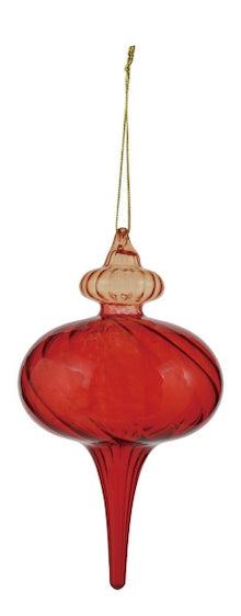 Two-tone red and pale peach glass finial ornament with twisted ribbed texture and gold hanging loop.