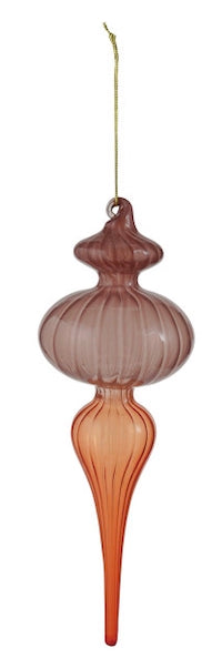 Handcrafted two-tone ribbed glass finial ornament in muted purple and reddish-orange on a gold string.