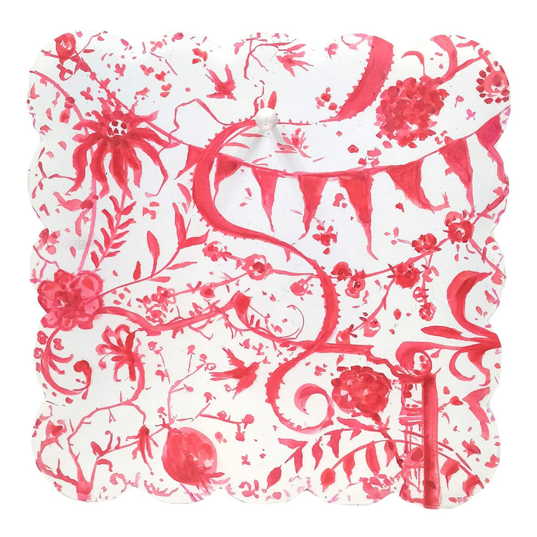 Red Chinoiserie Scallop Display Board with square red scalloped edges, white base, and red floral and bird pattern.
