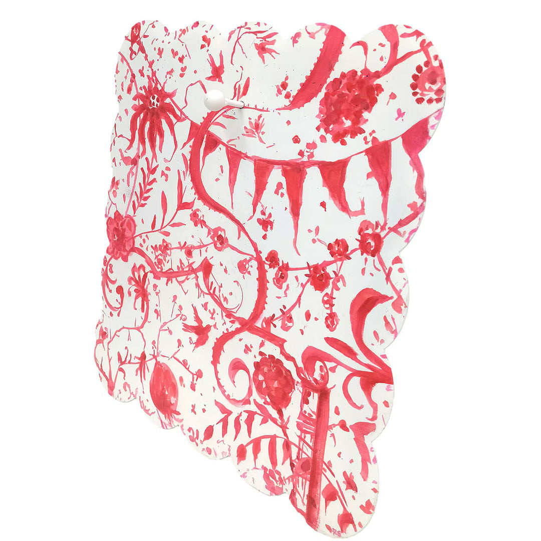 Square red and white floral Chinoiserie scalloped display board.