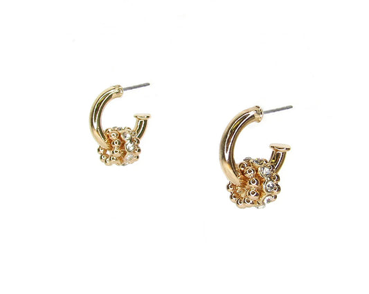 Zar Gold Charm Hoop Earrings with intricate flower-like accents at the bottom, available in small, medium, and large sizes.