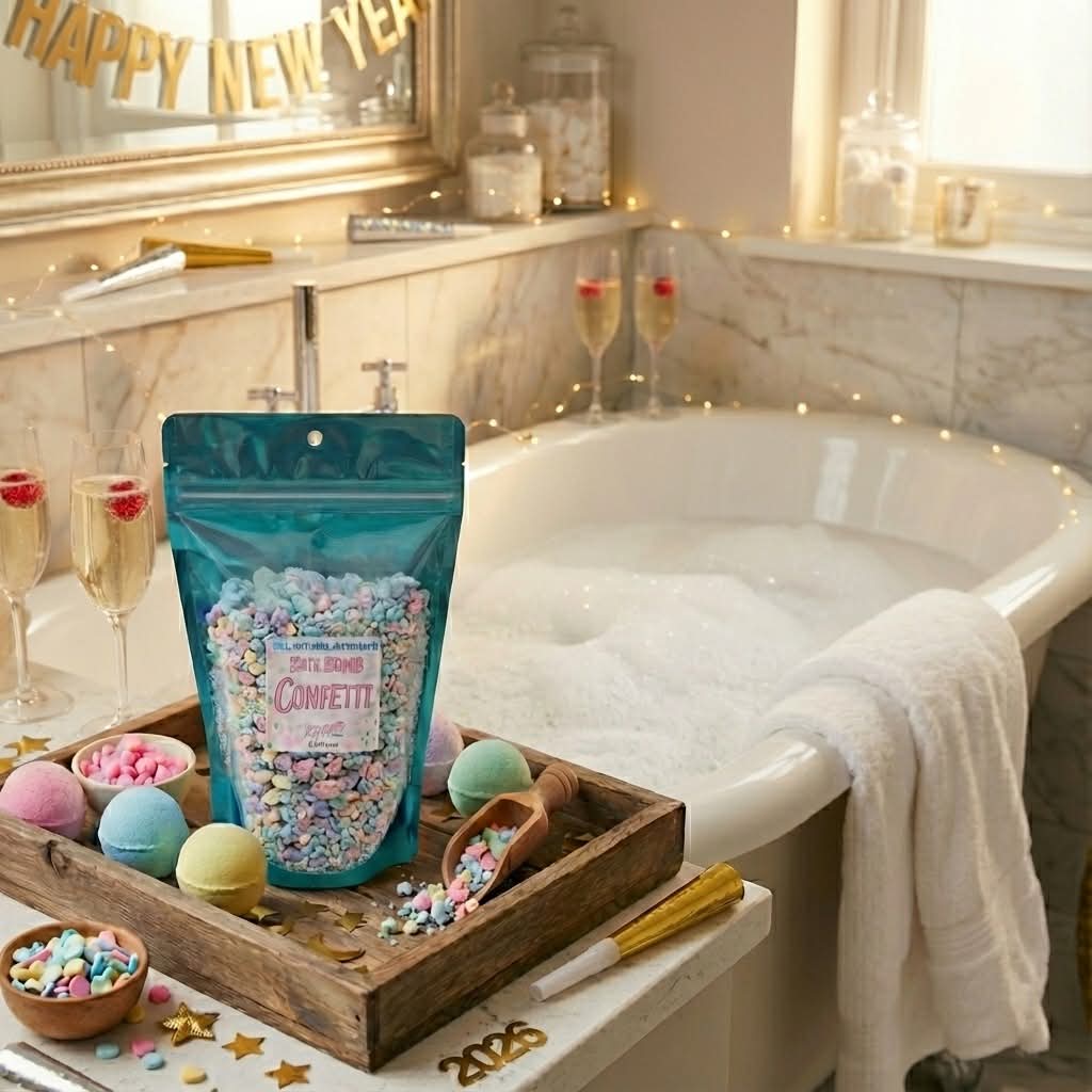 Bath Bomb Confetti shown on a wooden tray. Available in 100g, 200g, and 500g sizes.