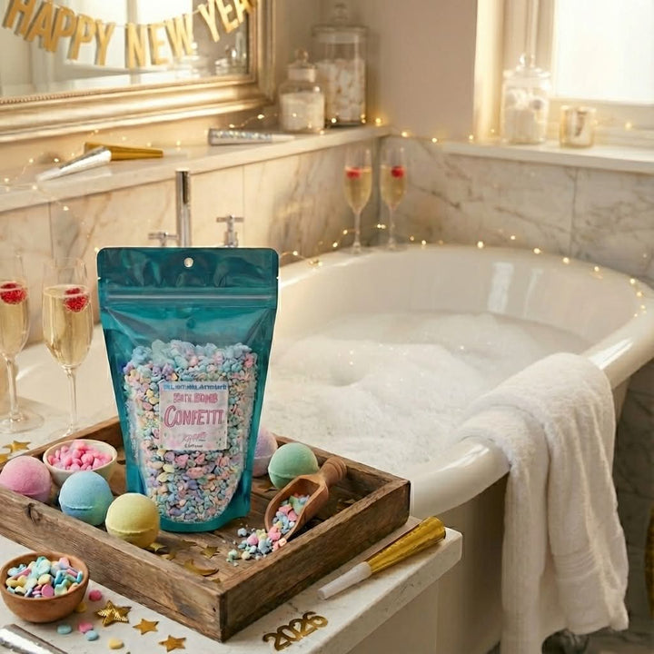 Bath Bomb Confetti shown on a wooden tray. Available in 100g, 200g, and 500g sizes.