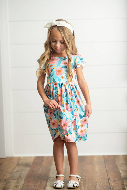 Girls Claire Pink Floral Print Twirl Dress. Available in sizes 2T-10Y.