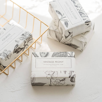 Formulary 55 Vintage Peony Soap - Bath bars with a vintage peony design package. The soap provides a rich lather and is infused with a fresh, floral scent. The product comes in standard size bath bar.