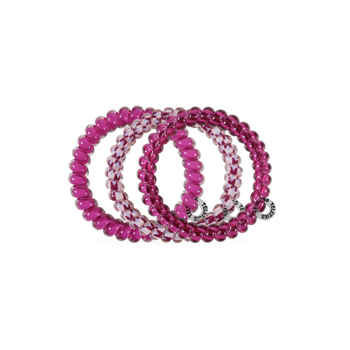 Three Merlot after Midnight Small Hair Ties in pink and white shades with round “invisibobble” tags, available in small size. No-crease, secure, gentle hold.