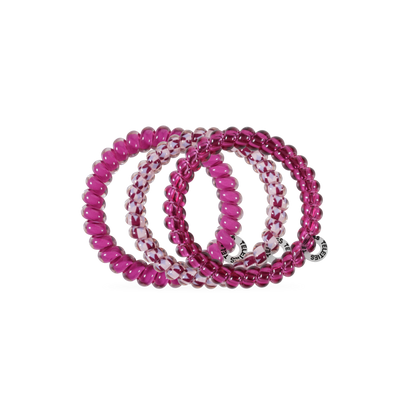 Three Merlot after Midnight Small Hair Ties in pink and white shades with round “invisibobble” tags, available in small size. No-crease, secure, gentle hold.