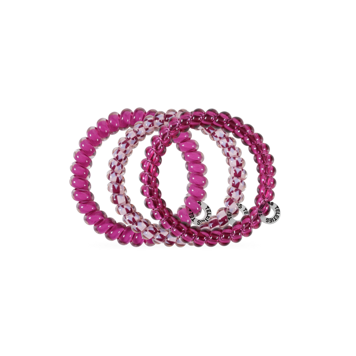Three Merlot after Midnight Small Hair Ties in pink and white shades with round “invisibobble” tags, available in small size. No-crease, secure, gentle hold.