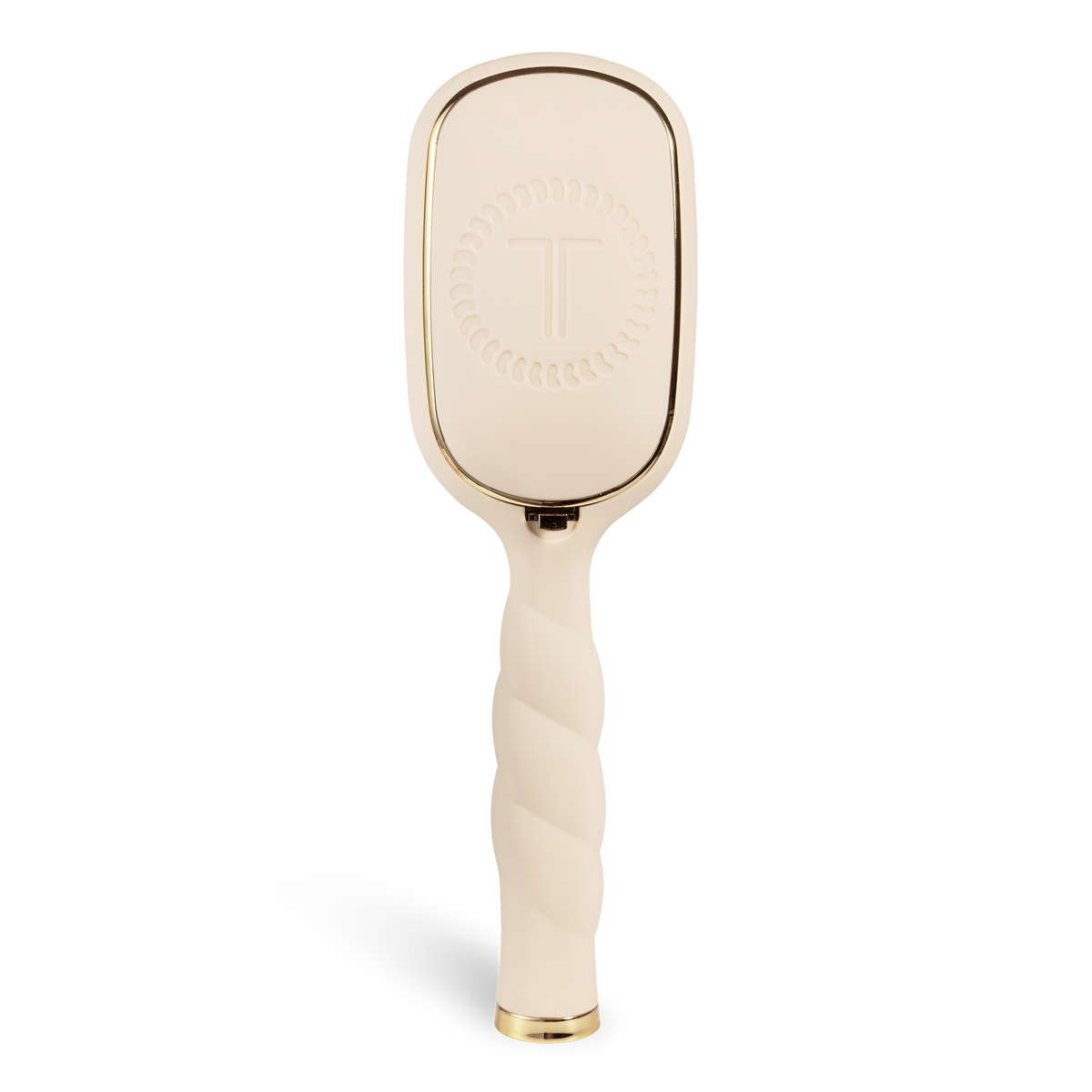 Tan Detangler Hair Brush for medium hair with twisted handle, gold accents, and a raised circular “T” pattern on the back. Available in multiple sizes.