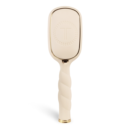 Tan Detangler Hair Brush for medium hair with twisted handle, gold accents, and a raised circular “T” pattern on the back. Available in multiple sizes.