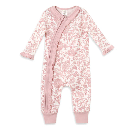 Pink Embroidery Zippered Romper: long sleeves, floral print, ruffled cuffs, asymmetric zip. Sizes: NB-24M. Soft cotton rib.