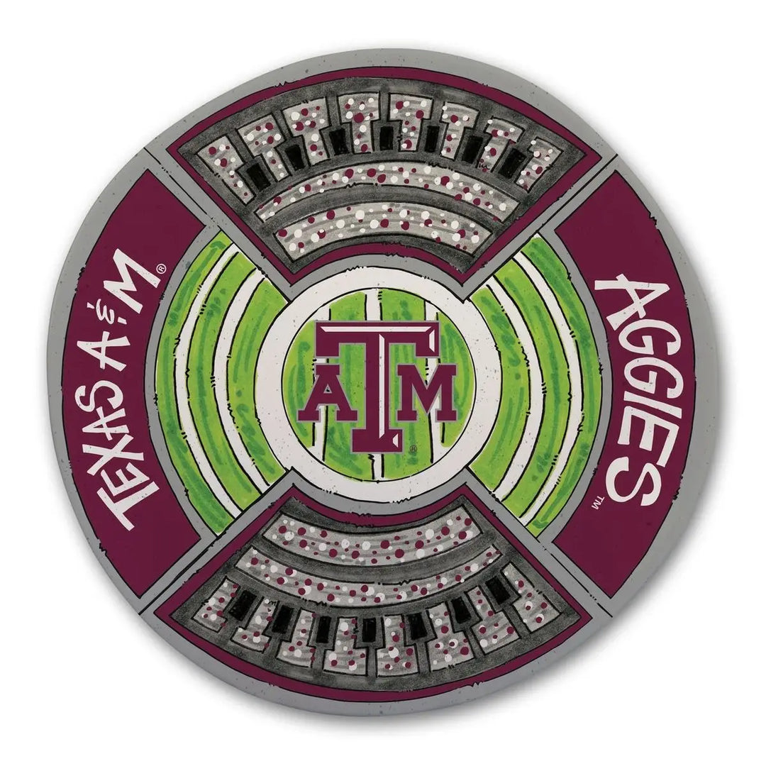 Circular TAMU melamine platter with logo, maroon/green/gray accents, "Texas A&M" text. Sizes: 14", 18".