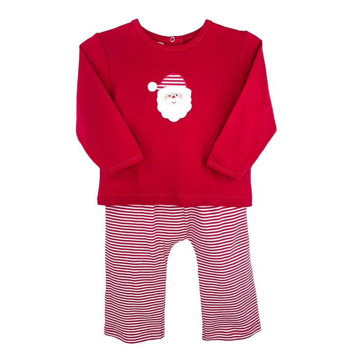Santa Knit Top and Pant Set with red long-sleeve Santa appliqué top and red and white striped pants.