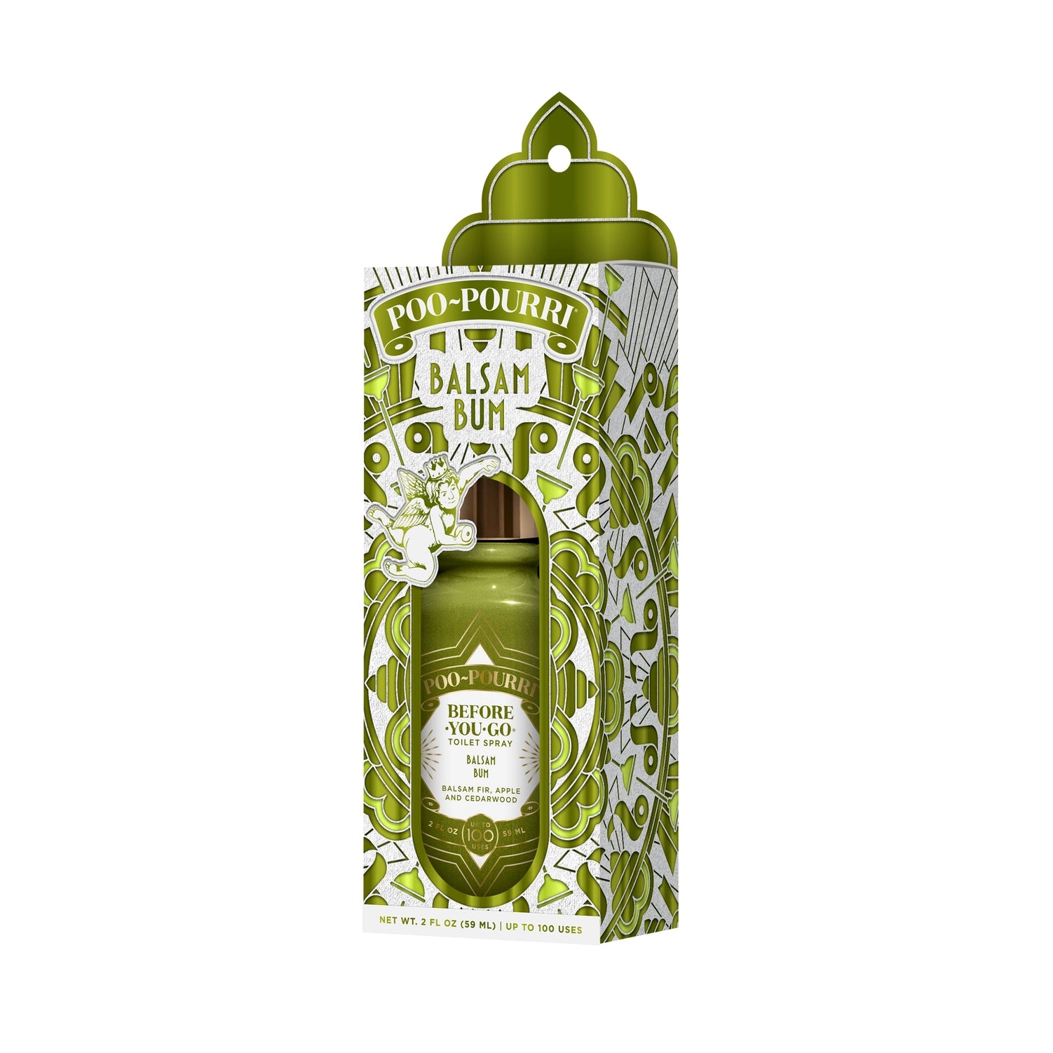 Holiday~Pourri 2 oz Toilet Spray. White and green packaging with a small character illustration. Green-capped bottle with Limited Edition Scent using natural essential oils, effective for up to 100 uses. Available in 2 oz size only.