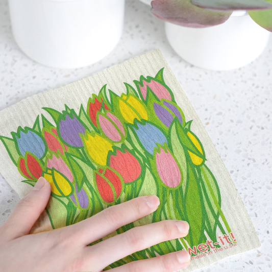 Tulip Field Swedish Cloth: reusable, white speckled towel with red, yellow, purple, and pink tulips. Available in multiple sizes.
