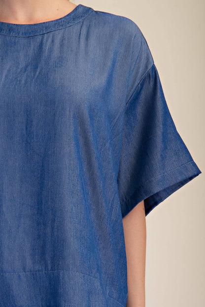 Indigo Round Neck Band Oversize Shirt