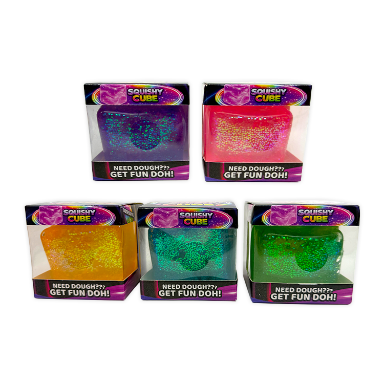 Five boxes of Fun Doh Squish &amp; Squeeze Sparkle Cube Fidget Toy, 12/Display, in blue, pink, yellow, teal, and green.