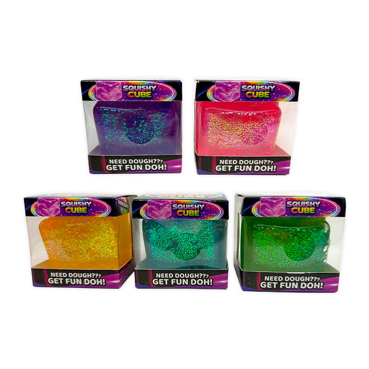 Five boxes of Fun Doh Squish &amp; Squeeze Sparkle Cube Fidget Toy, 12/Display, in blue, pink, yellow, teal, and green.