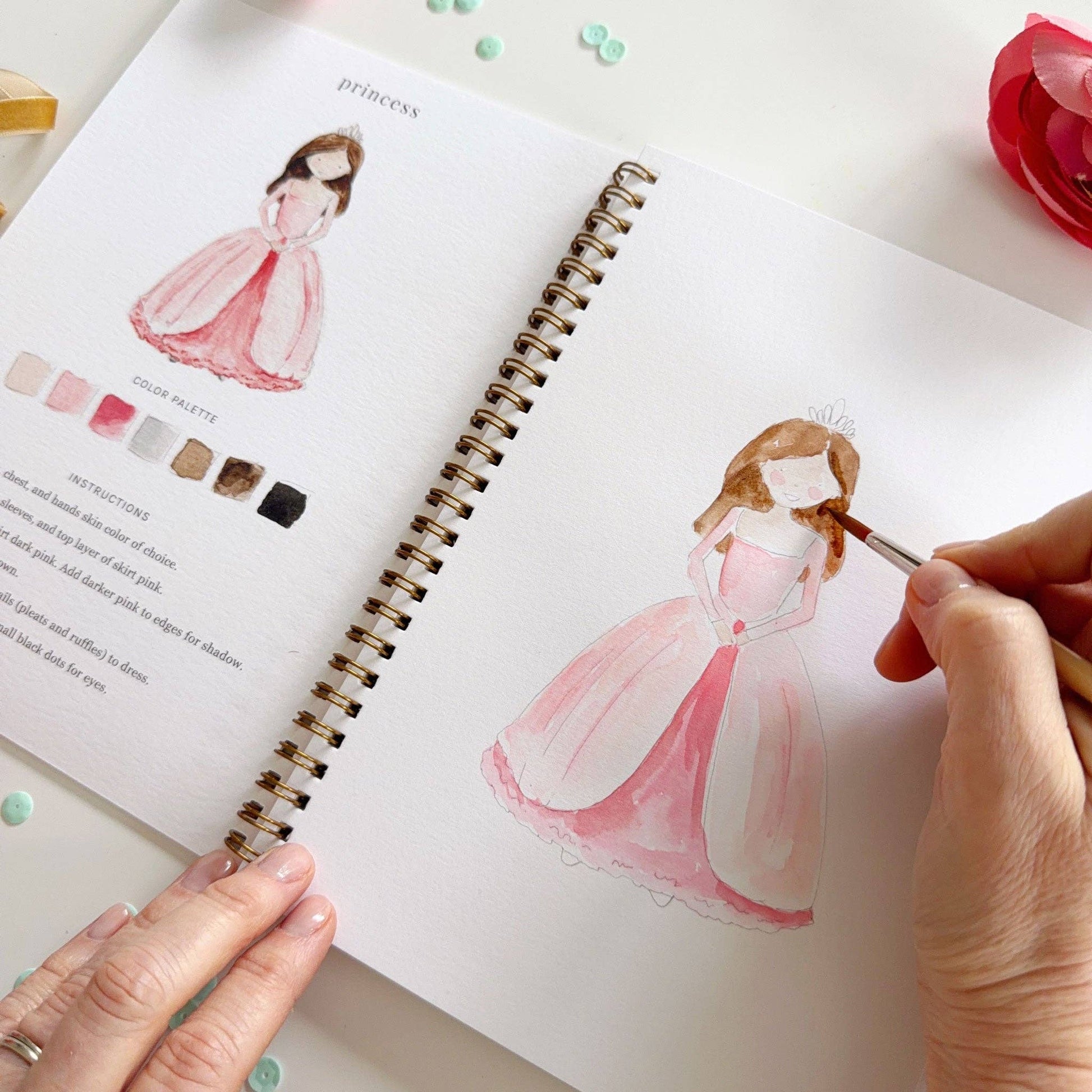 Spiral-bound Fairytale Watercolor Workbook, shown open for painting. Available in 8x10 and 9x12 inch sizes.
