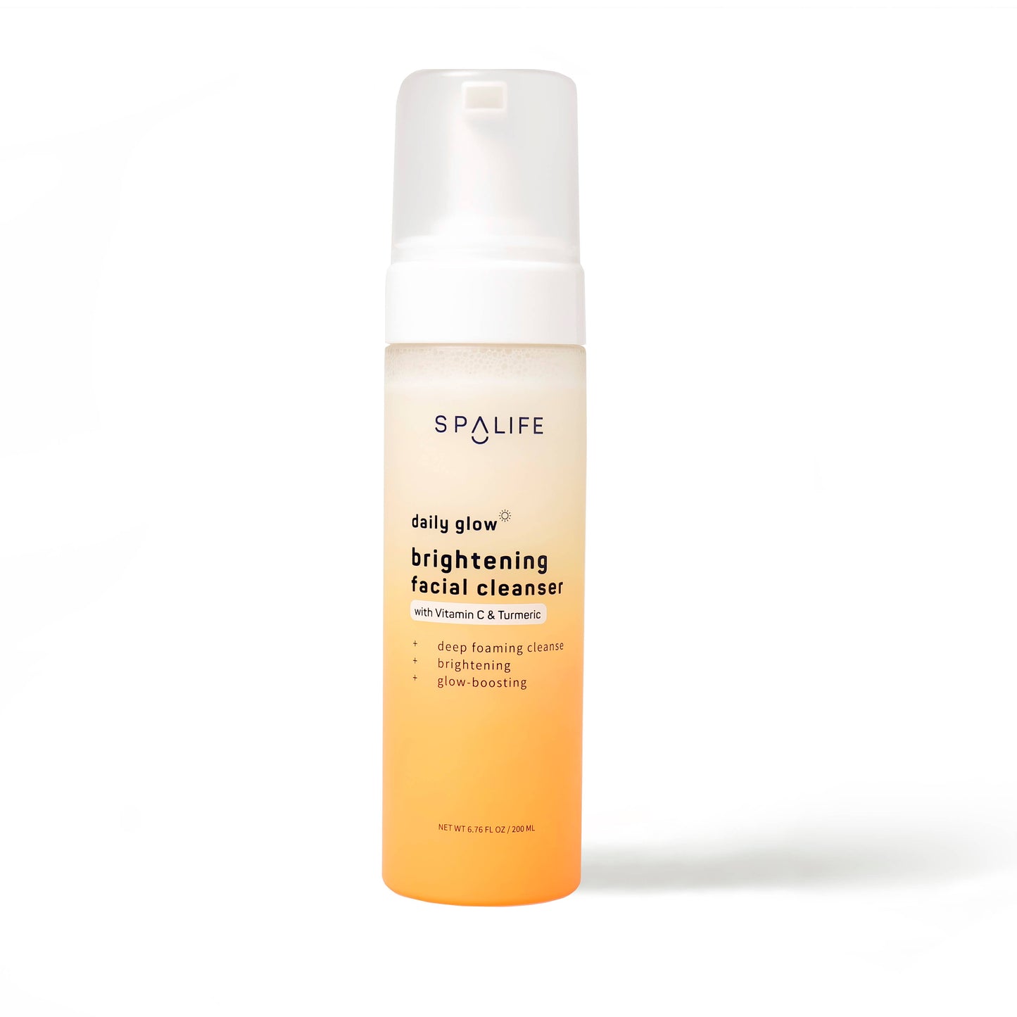 Daily Glow Brightening Foaming Facial Cleanser, 6.76 fl oz, with vitamin C and turmeric, white pump, gradient orange-yellow liquid.