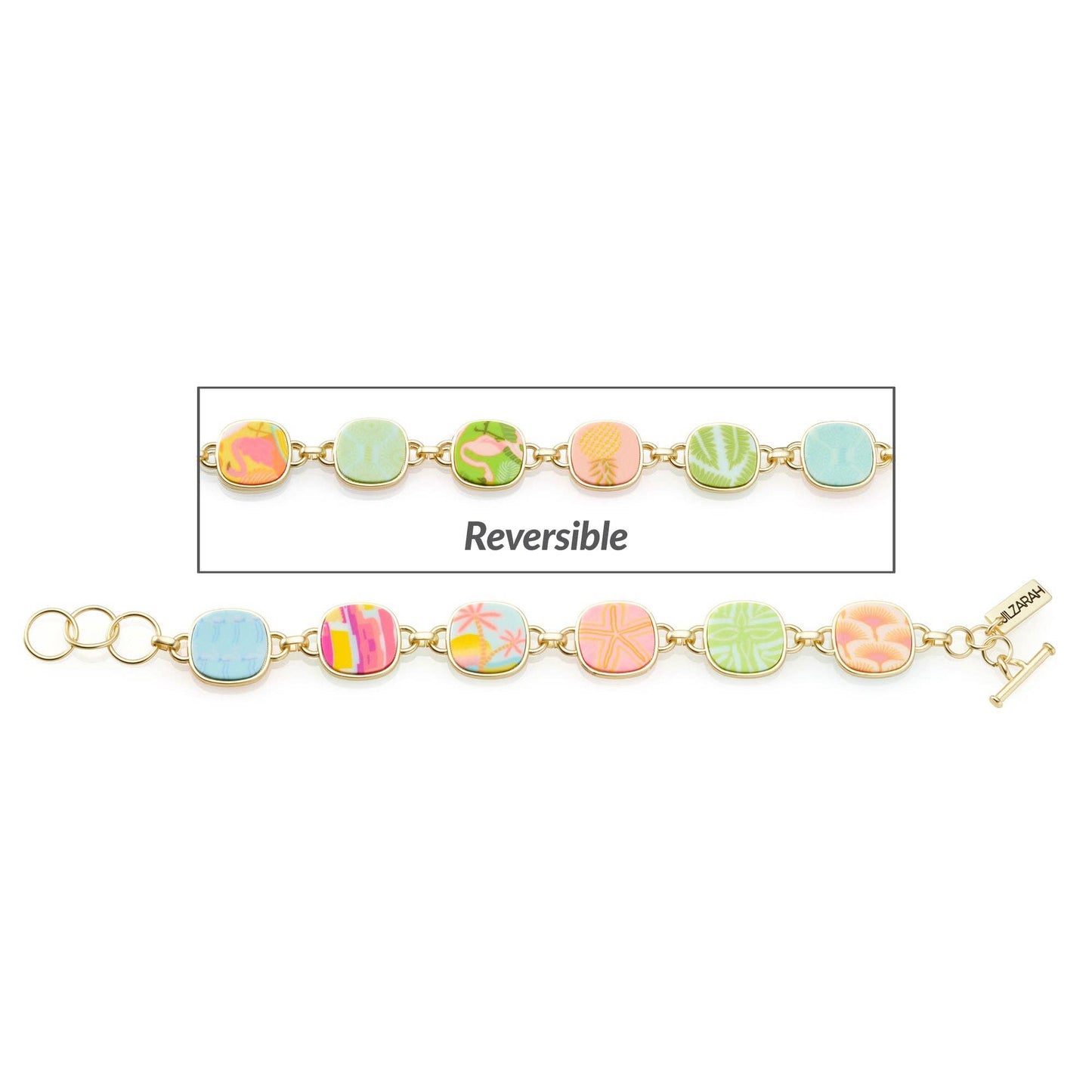 Palm Beach Reversible Coin Bracelet: Colorful links with pastel botanical designs on one side and vibrant abstract patterns on the other. Matte Gold plating, gold chain, T-bar clasp. Sizes: Small, Medium, Large.