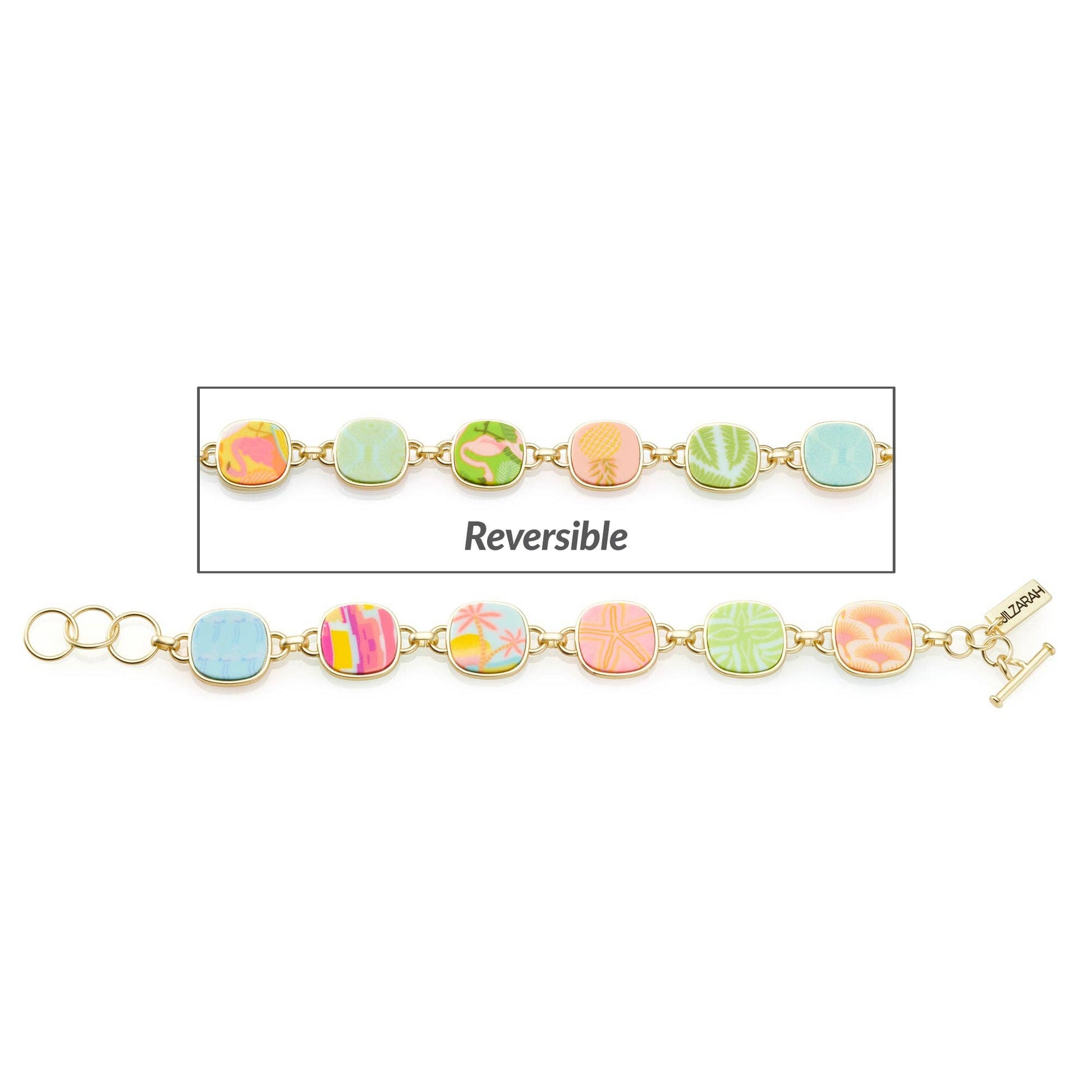 Palm Beach Reversible Coin Bracelet: Colorful links with pastel botanical designs on one side and vibrant abstract patterns on the other. Matte Gold plating, gold chain, T-bar clasp. Sizes: Small, Medium, Large.