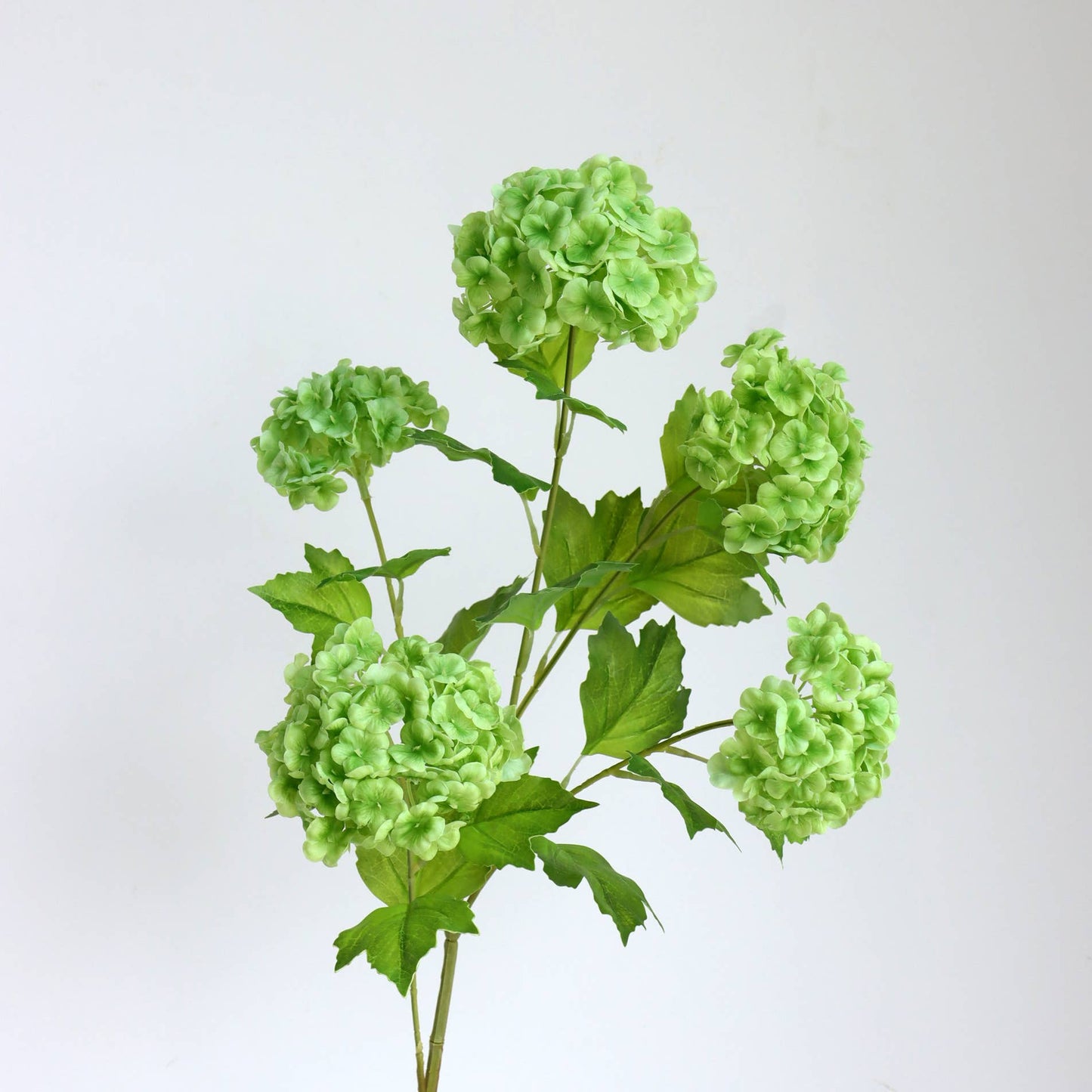 40" Long Faux Snowball Hydrangea Spray: 5 round green blooms, green leaves. Available in 40 inches.