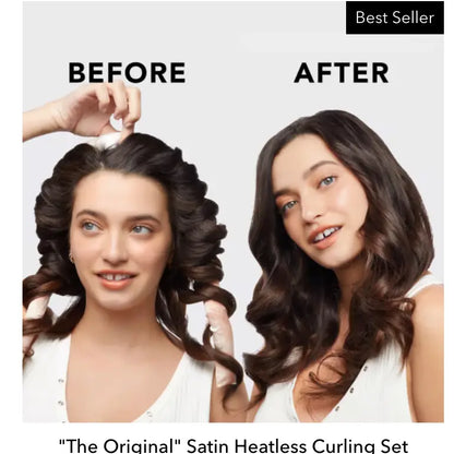 Satin Heatless Curling Set - Sunset Tie Dye shown before and after use; available in small, medium, and large sizes.