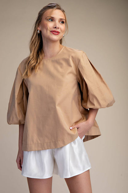 Taupe Round Neck Voluminous Puff Sleeve Top; available in sizes XS–XL.