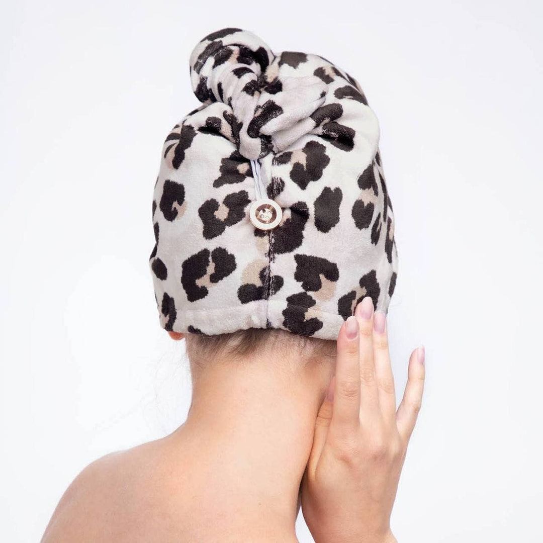 Quick Dry Hair Towel - Leopard, wrapped and button-fastened. Available in standard and large sizes.