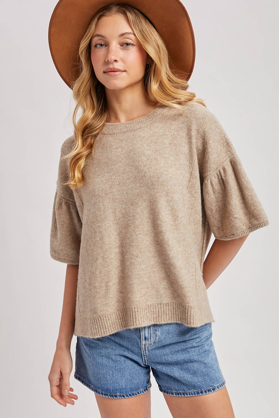Beige gathered short sleeve boxy knit crewneck sweater, size S/M.