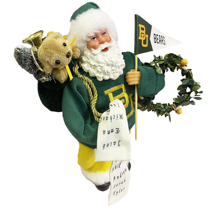 12″ Baylor Proud Santa figurine in green sweater and yellow pants.