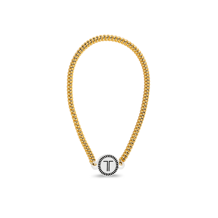 Gold chain bracelet with round white clasp, black "T" design. Available in small, medium, and large sizes.
