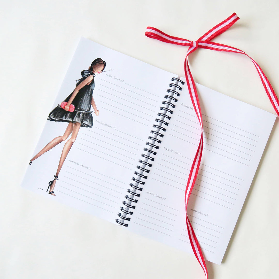 2025 spiral-bound yearly planner, blank weekly pages, illustration on left page. Available in A5 and A4 sizes.