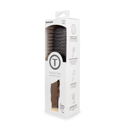 Boxed Detangler Hair Brush for Fine Hair | Tortoise; brown tortoise-pattern brush visible in window. Sizes available.