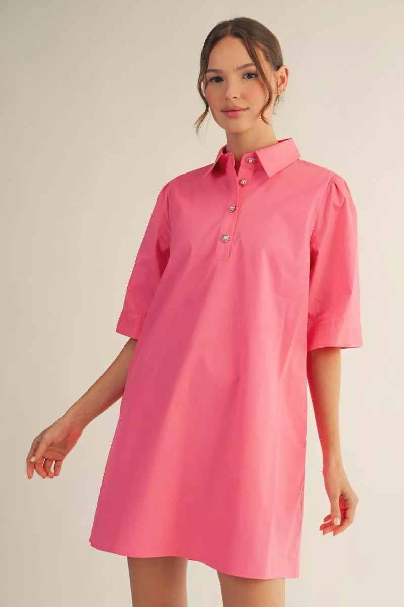 Pearl Button Pink Shift Dress with short sleeves, cotton button-up design. Available in sizes XS-XL.
