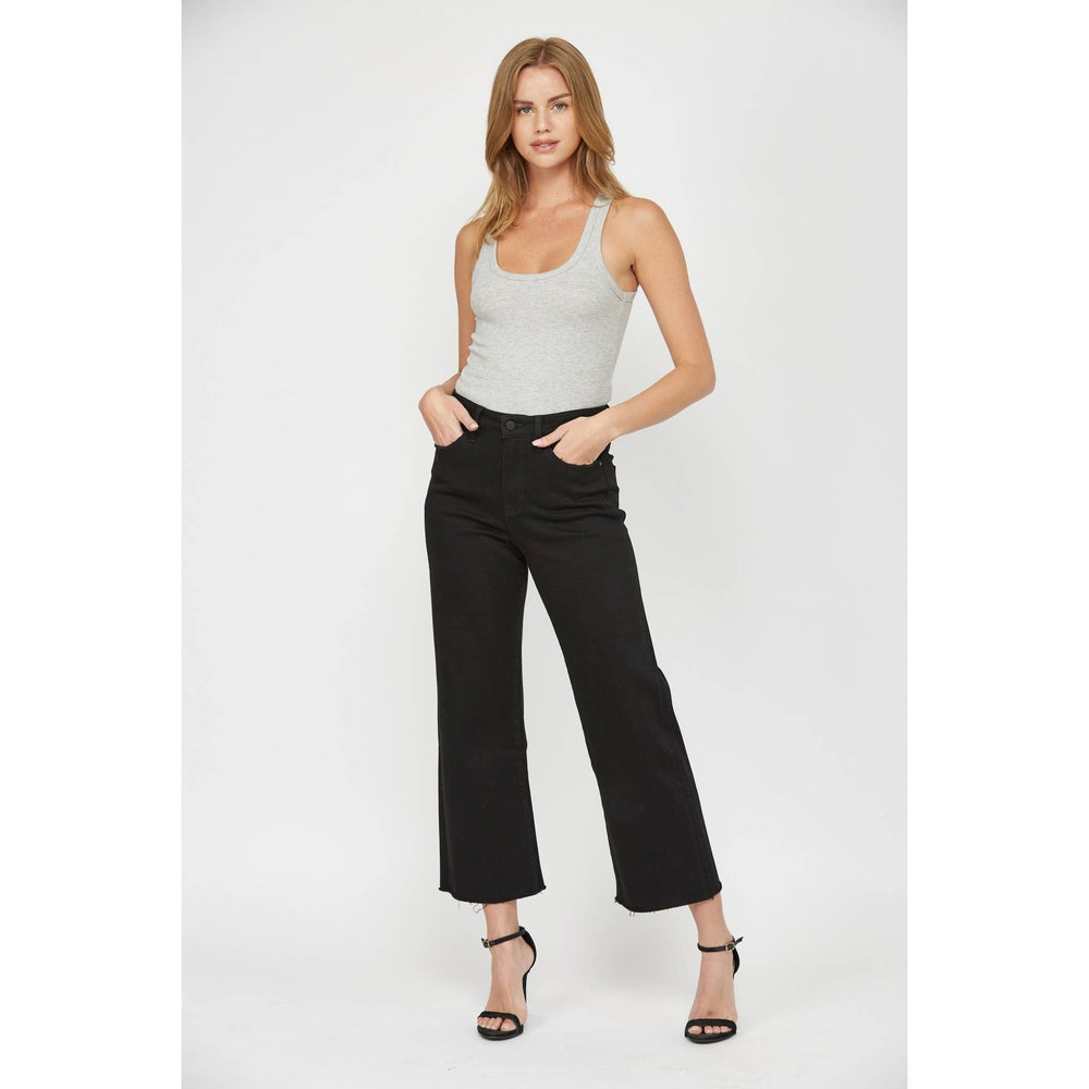 Wide-leg cropped jeans in Black Mica Denim with a raw-edge hem, size 31.