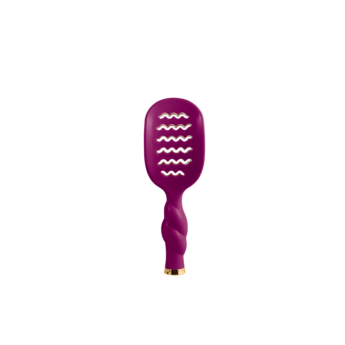 Compact, vibrant purple mini vented hair brush with twisted handle and wavy paddle slits for easy detangling. Available in mini size.